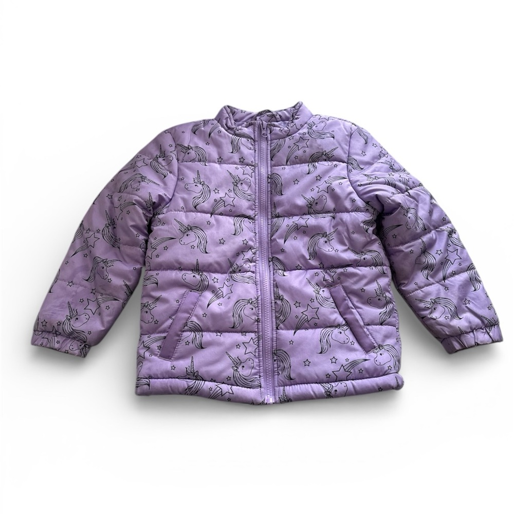 Purple Unicorn Print Puffer Jacket